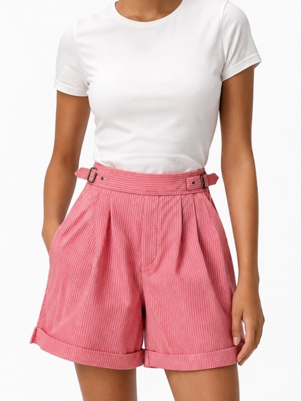 Vintage High Waisted Pink Ticking Stripe Gurkha Shorts Double Buckle Waist XS 25
